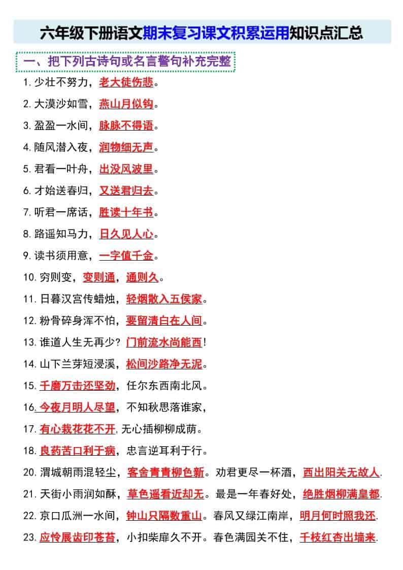 六年级下语文期末复习课文积累运用知识点汇总-伏羲SAAS