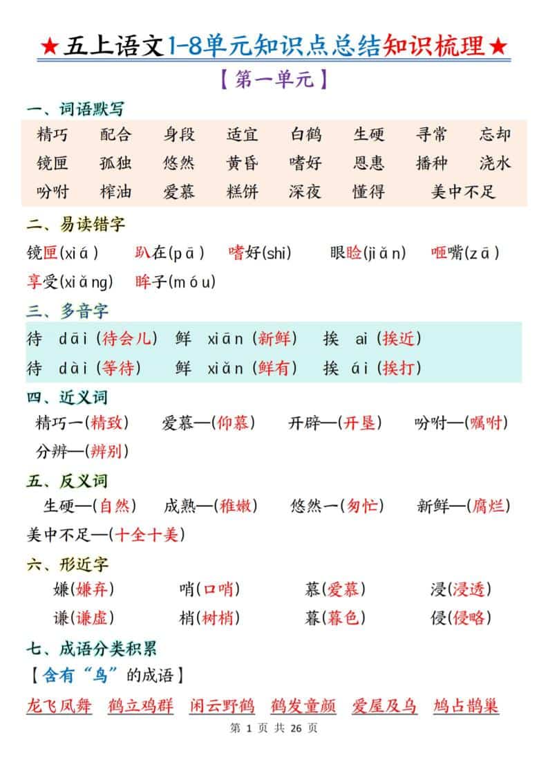 五年级上语文1-8单元知识点总结知识梳理-伏羲SAAS