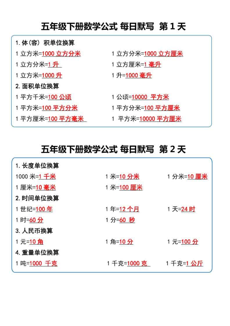 五年级下数学数学公式每日默写小纸条-伏羲SAAS