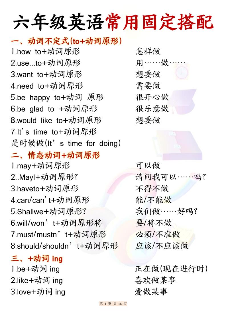 六年级上英语常用固定搭配-伏羲SAAS