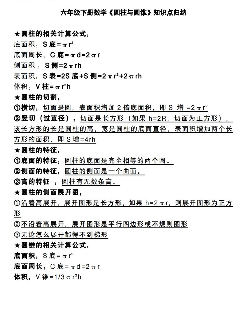 六下数学《圆柱与圆锥》知识点归纳-伏羲SAAS