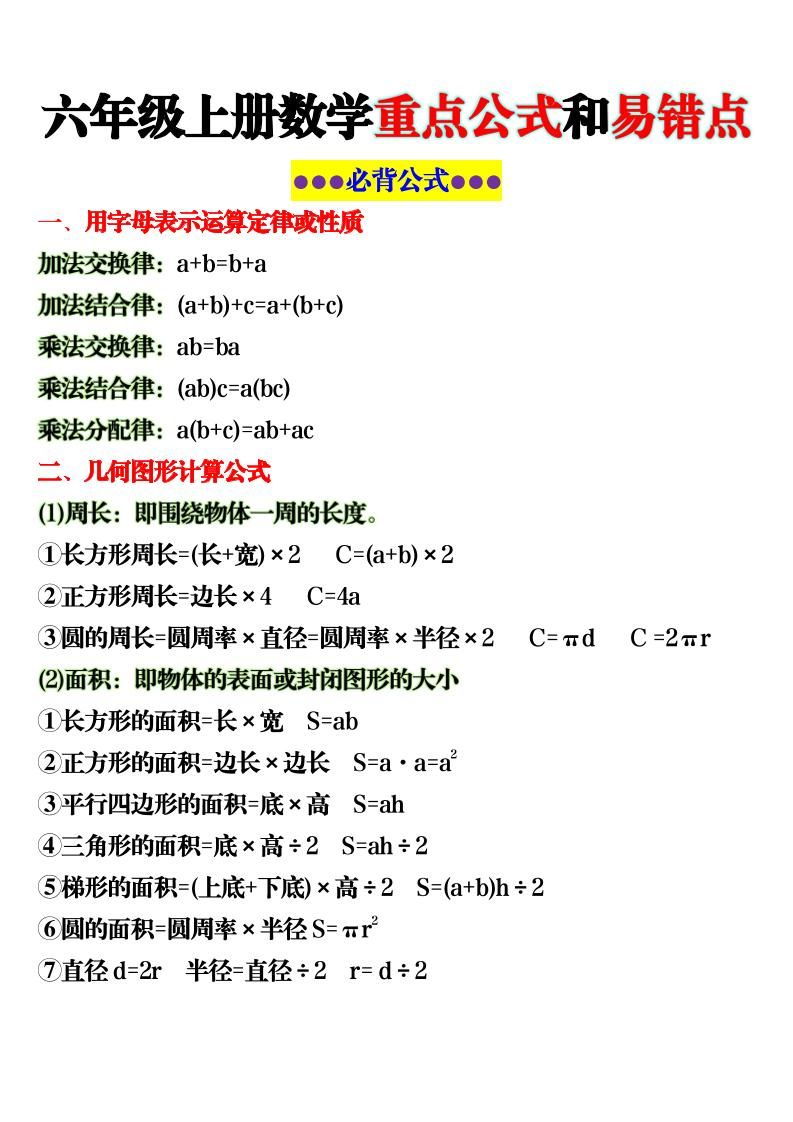 六上数学重点公式和易错点6页-伏羲SAAS