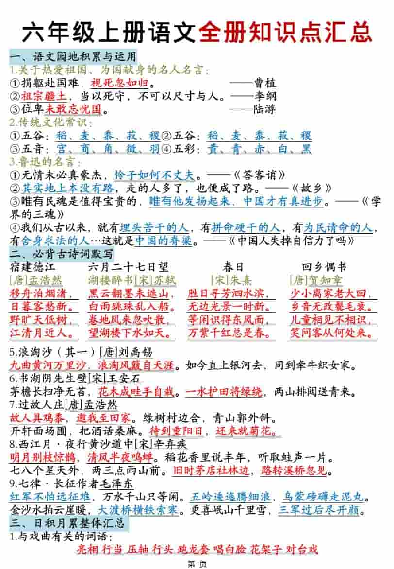 六年级上语文全册知识点汇总-伏羲SAAS