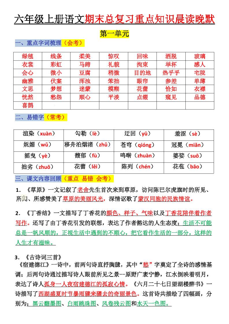 六上语文复习重点晨读单(16页)-伏羲SAAS
