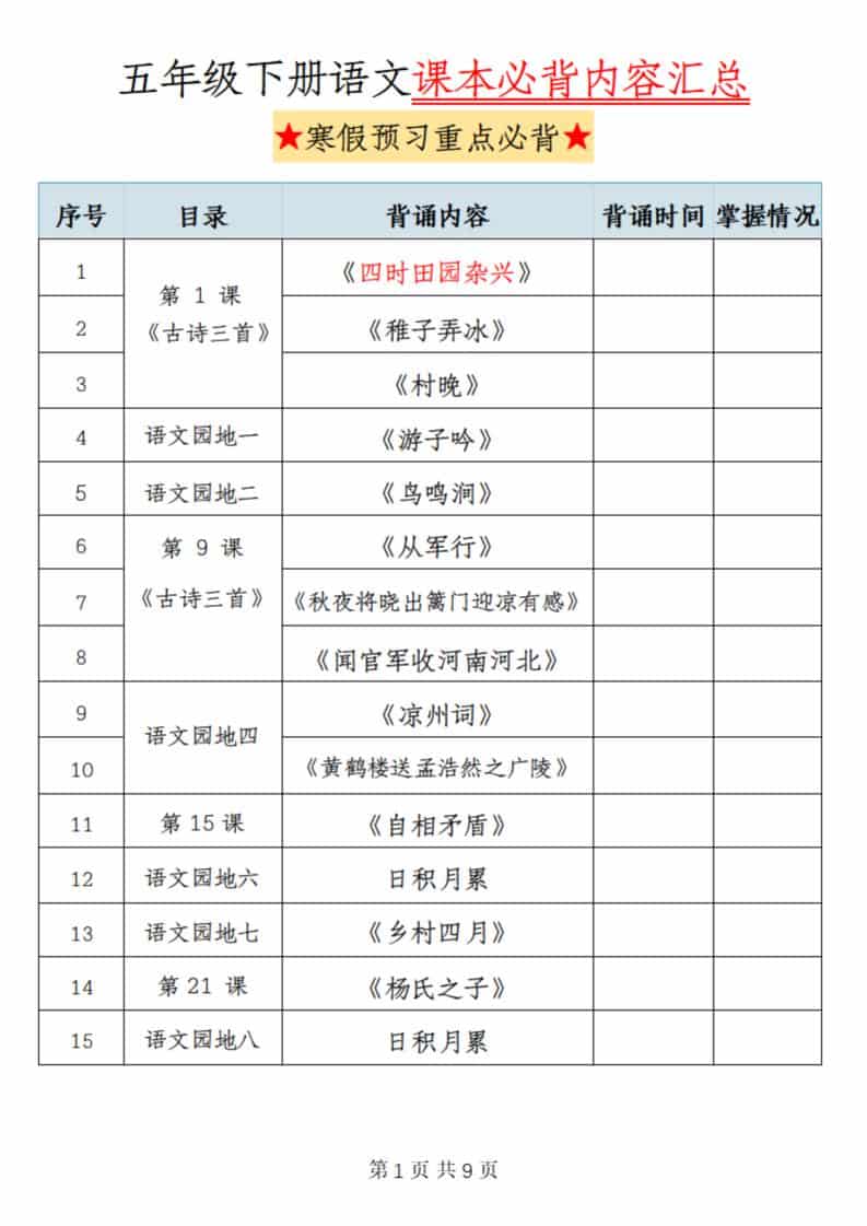 五年级(下）语文课本必背内容汇总-伏羲SAAS