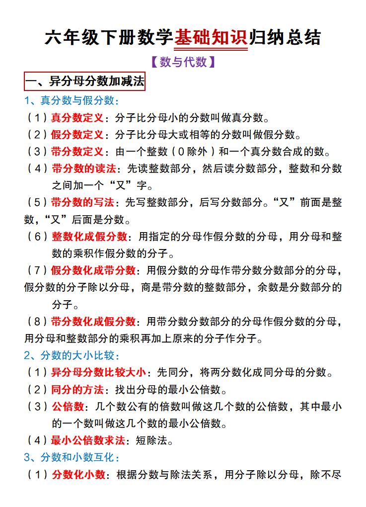 【冀教版】六年级下册数学基础知识归纳总结-伏羲SAAS