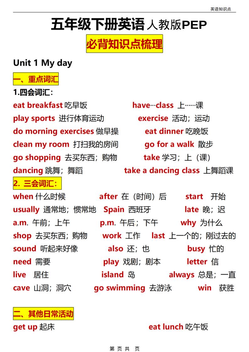 五年级(下）英语全册知识点汇总《人教版PEP》-伏羲SAAS