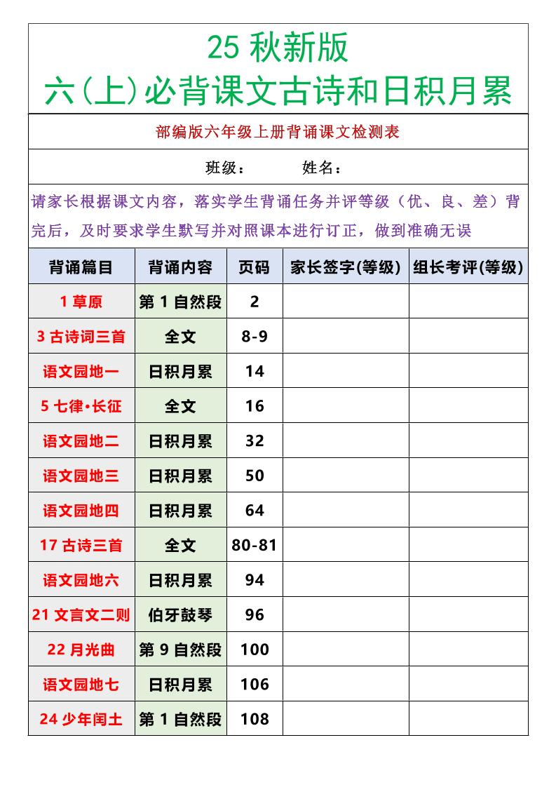 【2025秋新版】六年级语文上册必背课文内容古诗和日积月累-伏羲SAAS