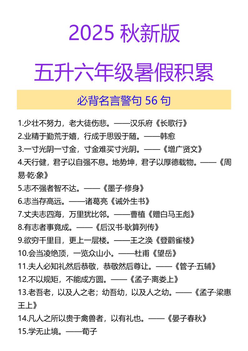 【2025秋新版】五升六年级暑假积累必背名言警句56句-六上语文-伏羲SAAS