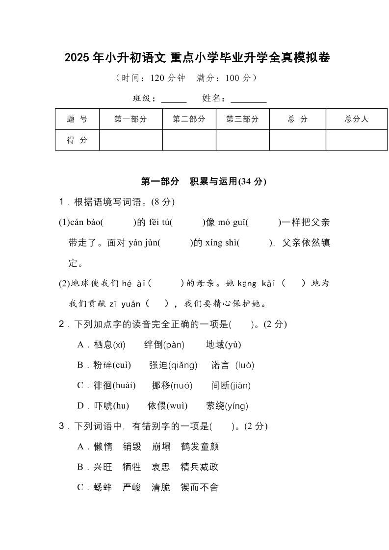 2025年小升初语文重点小学毕业升学全真模拟卷（一）13页-伏羲SAAS