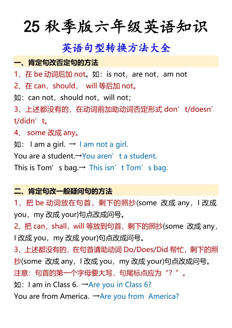 【2025秋新版】六年级上册英语英语句型转换方法大全-伏羲SAAS