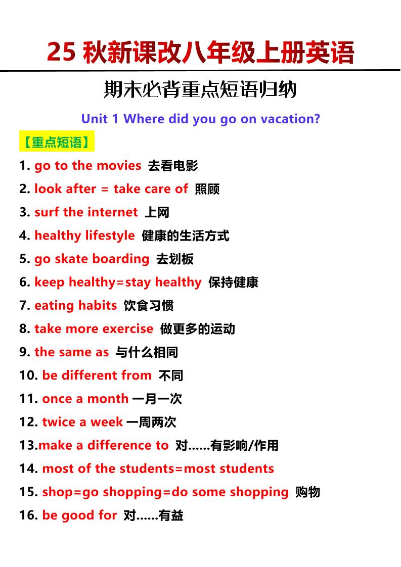 【2025秋新版】八年级上册英语期末必背重点短语归纳-伏羲SAAS