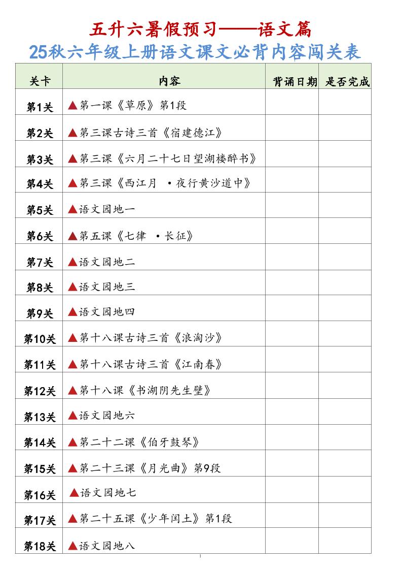 25秋六上语文课文必背内容背诵闯关表7页-伏羲SAAS