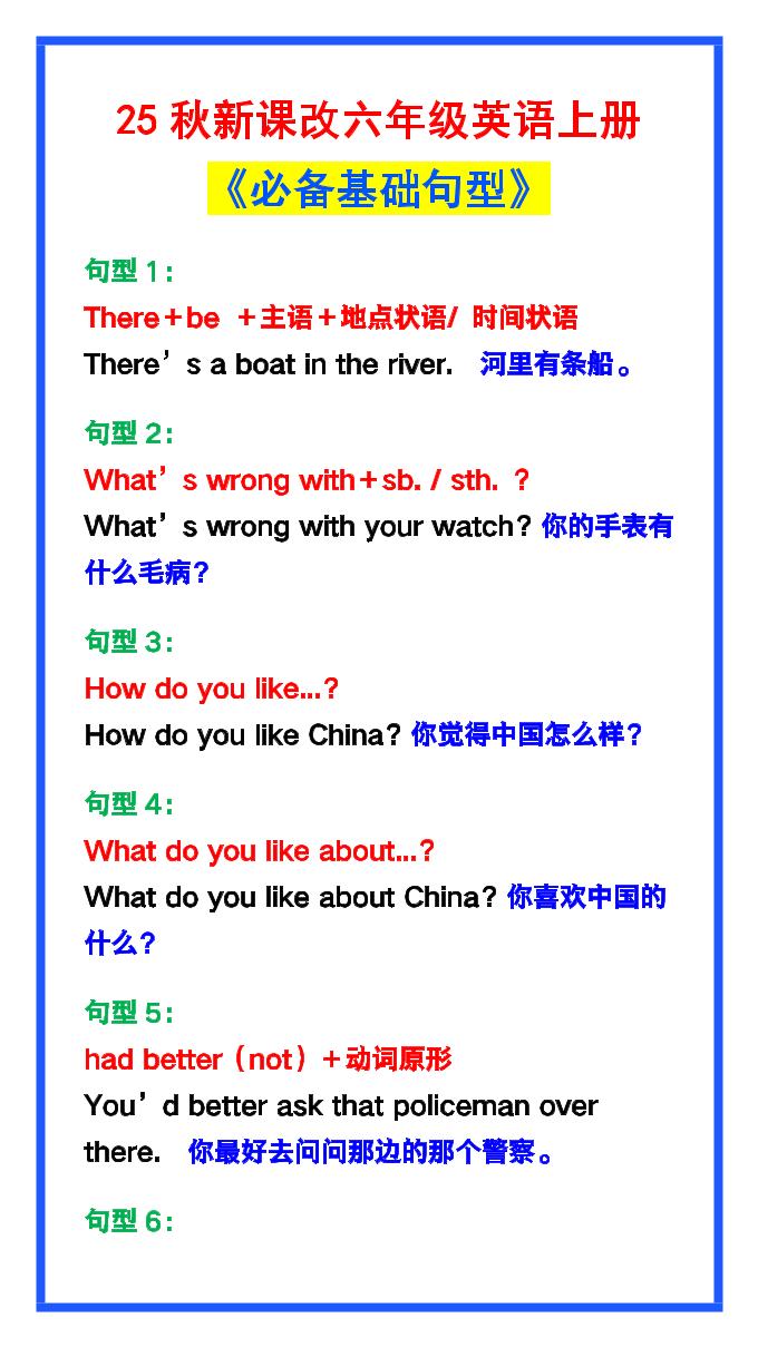 【2025秋新版】六年级英语上册《必备基础句型》，最全整理！-伏羲SAAS