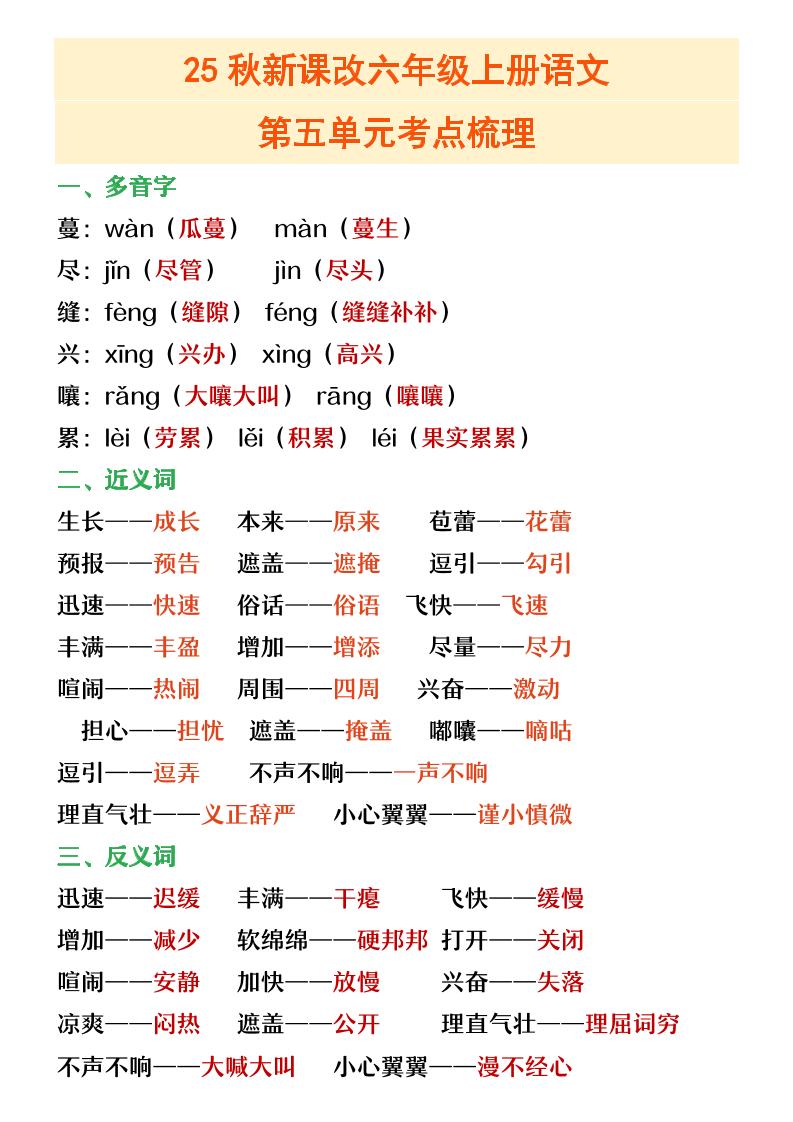 【2025秋新版】六年级上册语文第五单元重点考点梳理-伏羲SAAS