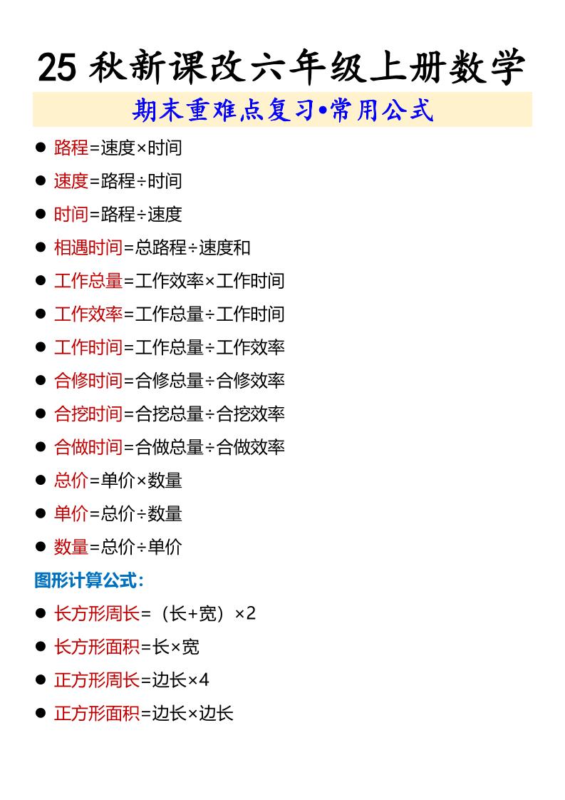 【2025秋新版】六年级上册数学期末重难点复习•常用公式-伏羲SAAS