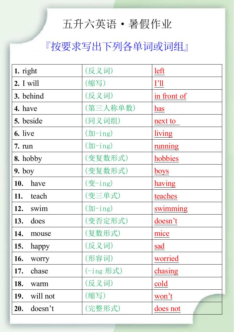 五升六英语暑假作业之按要求写出下列各单词或词组-六上英语-伏羲SAAS