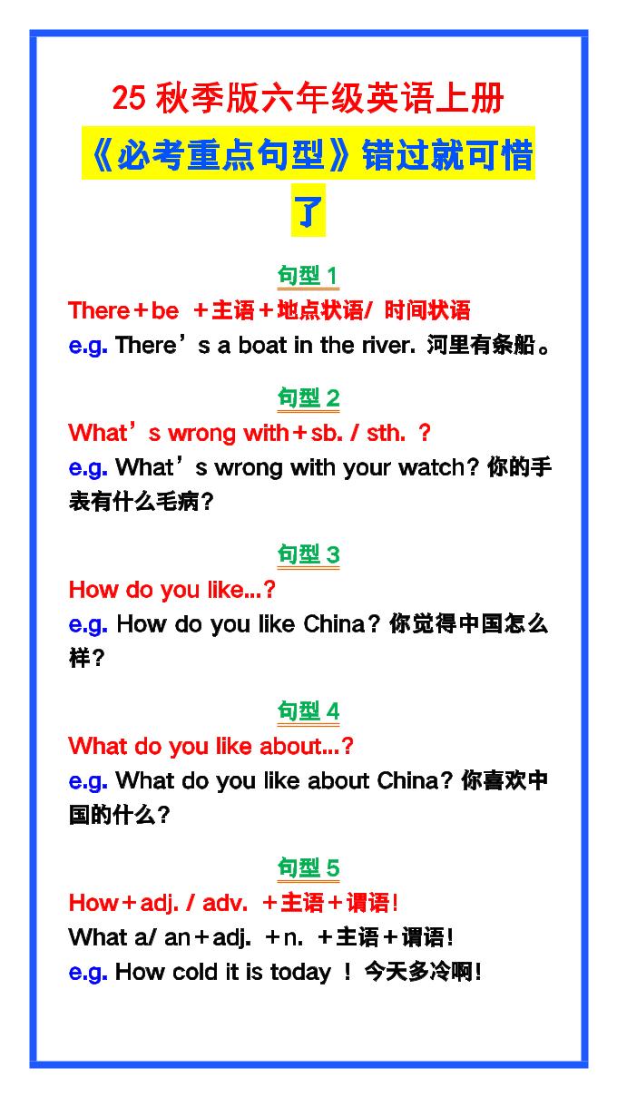 【2025秋新版】六年级英语上册《必考重点句型》错过就太可惜了！-伏羲SAAS