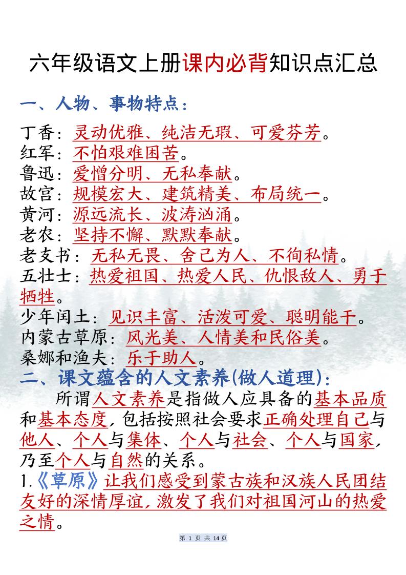 六上语文课内必背知识点汇总（共14页）-伏羲SAAS
