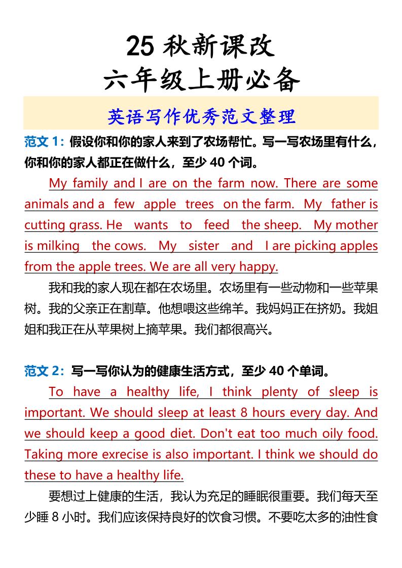 【2025秋新版】六年级上册必备英语写作优秀范文整理-伏羲SAAS