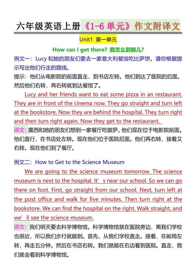 六年级英语上册《1-6单元》作文附译文-伏羲SAAS