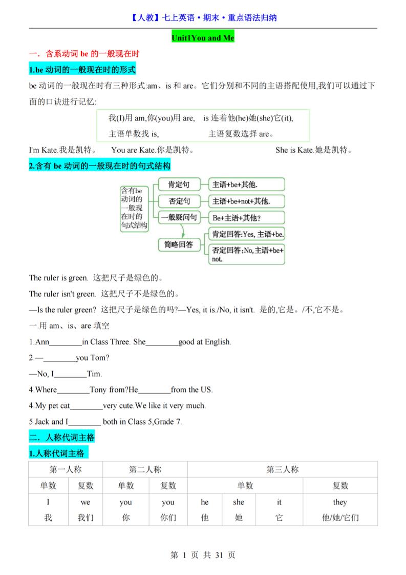 七年级上英语期末重点语法归纳（人教版）-伏羲SAAS