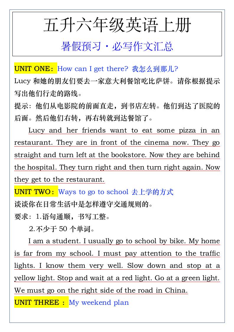 五升六年级英语上册暑假预习·必写作文汇总-六上英语-伏羲SAAS