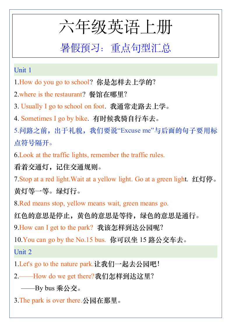 五升六年级英语上册暑假预习：重点句型汇总-六上英语-伏羲SAAS