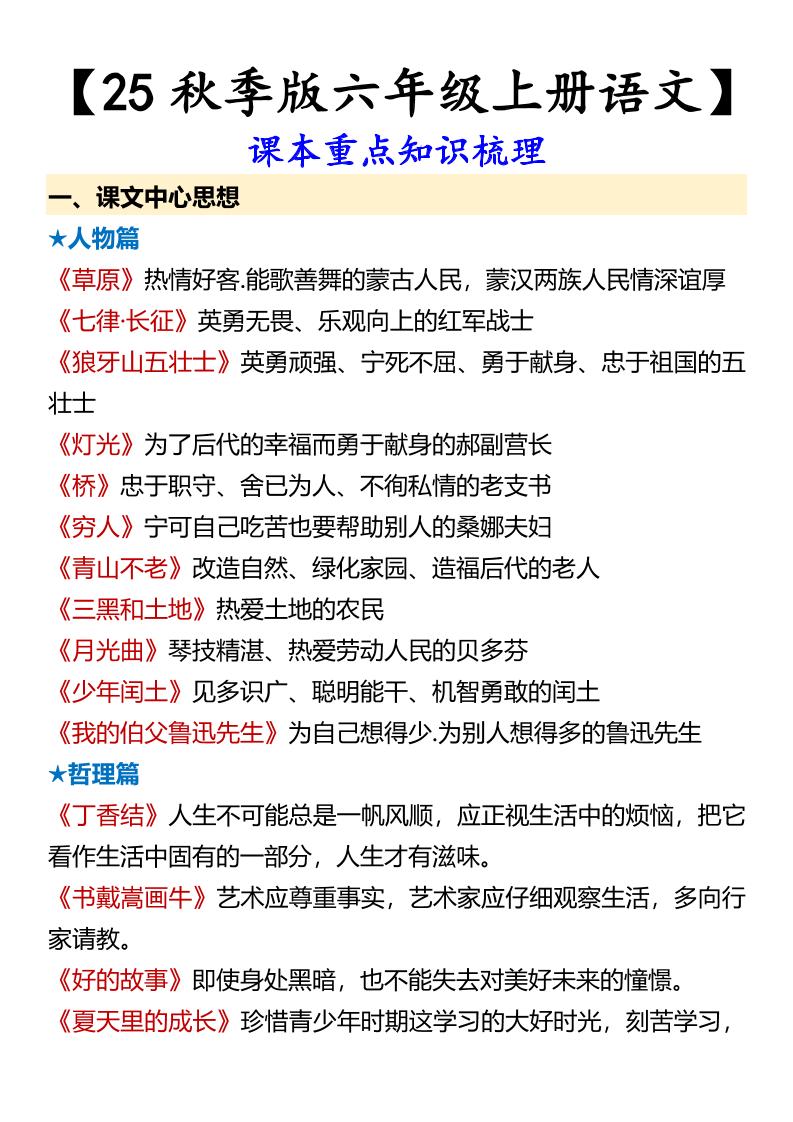【2025秋新版】【六年级上册语文】课本重点知识梳理-伏羲SAAS