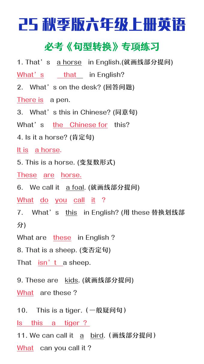 【2025秋新版】六年级上册英语必考句型转换-伏羲SAAS