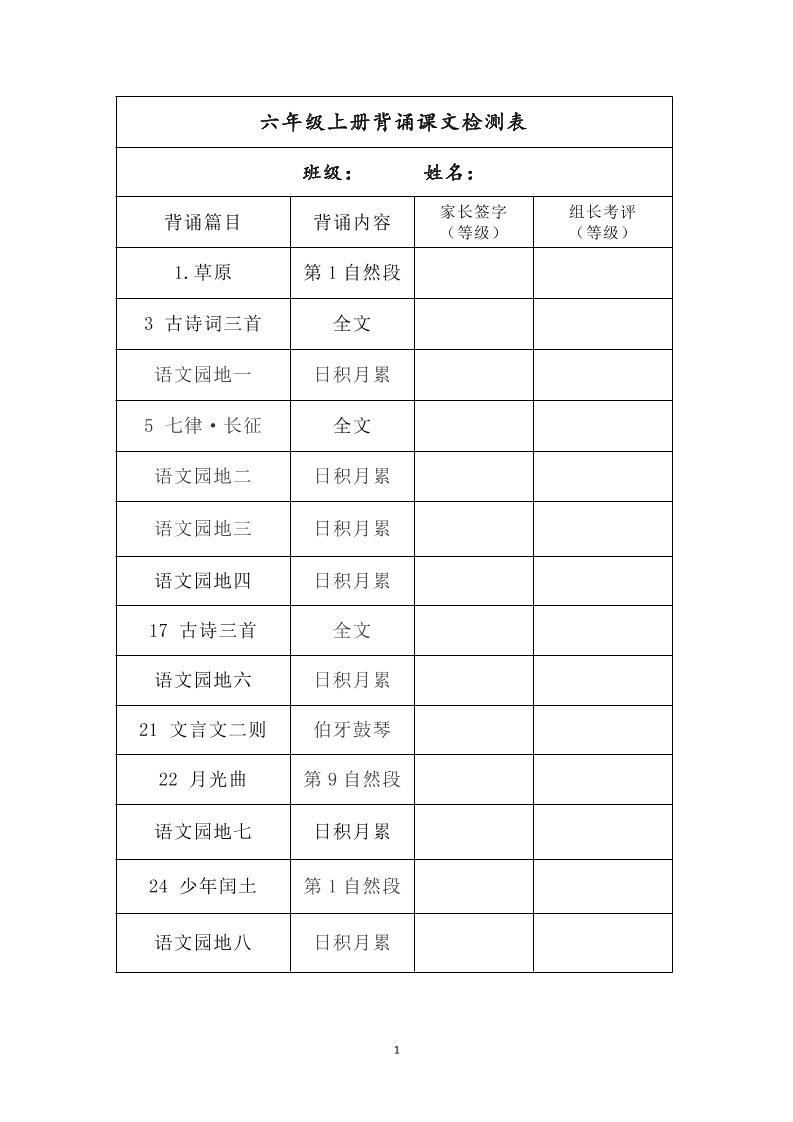六年级上册背诵课文检测表及内容-语文-伏羲SAAS