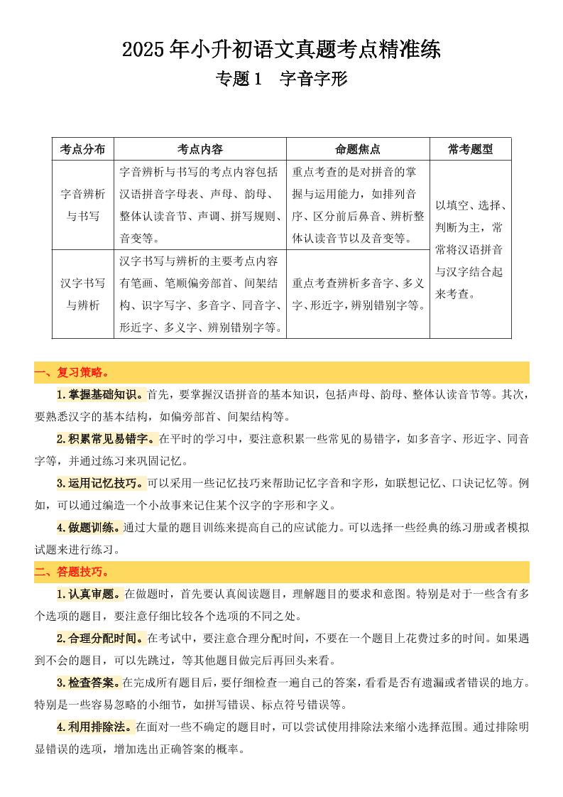小升初语文备考真题分类汇编专题1字音字形-伏羲SAAS