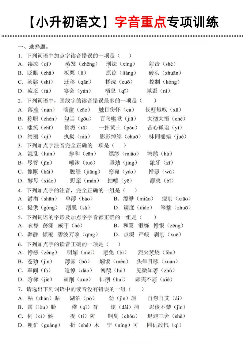 《小升初语文字音重点专项训练》-伏羲SAAS