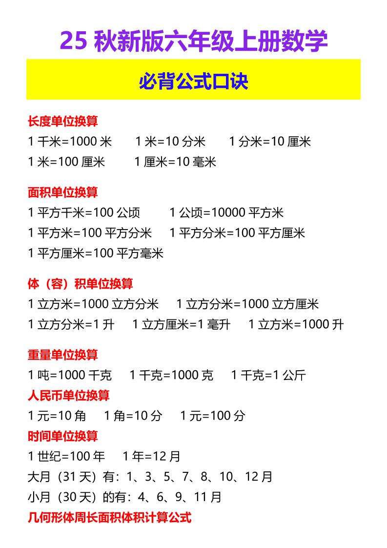 【2025秋新版】六年级上册数学必背公式口诀-伏羲SAAS