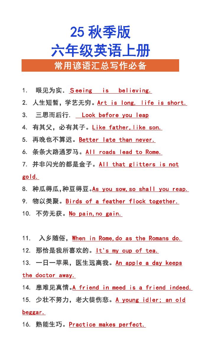 【2025秋新版】六年级上册英语常用谚语汇总写作必备-伏羲SAAS