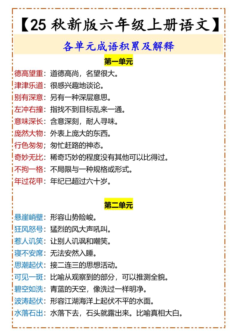 【2025秋新版】【六年级上册语文】各单元成语积累及解释-伏羲SAAS