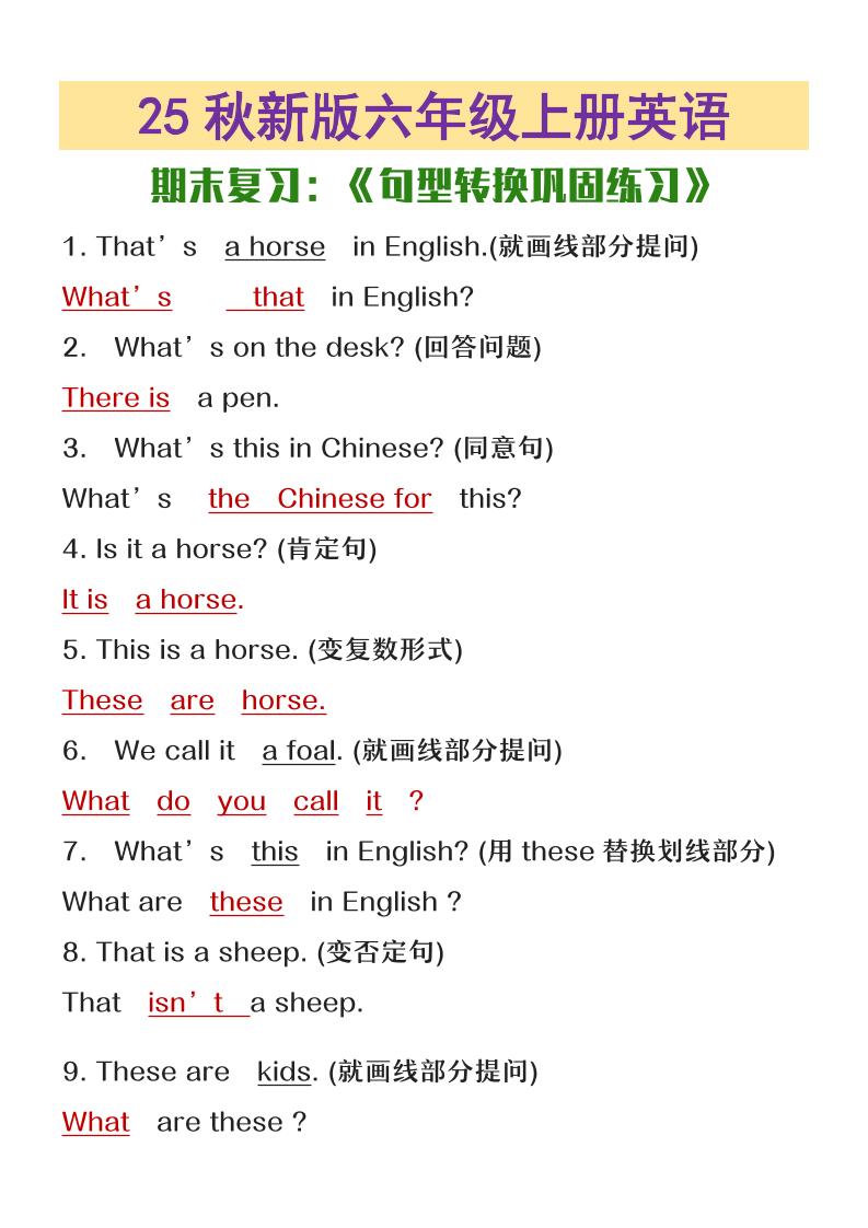 【2025秋新版】六年级上册英语期末复习句型转换巩固练习-伏羲SAAS