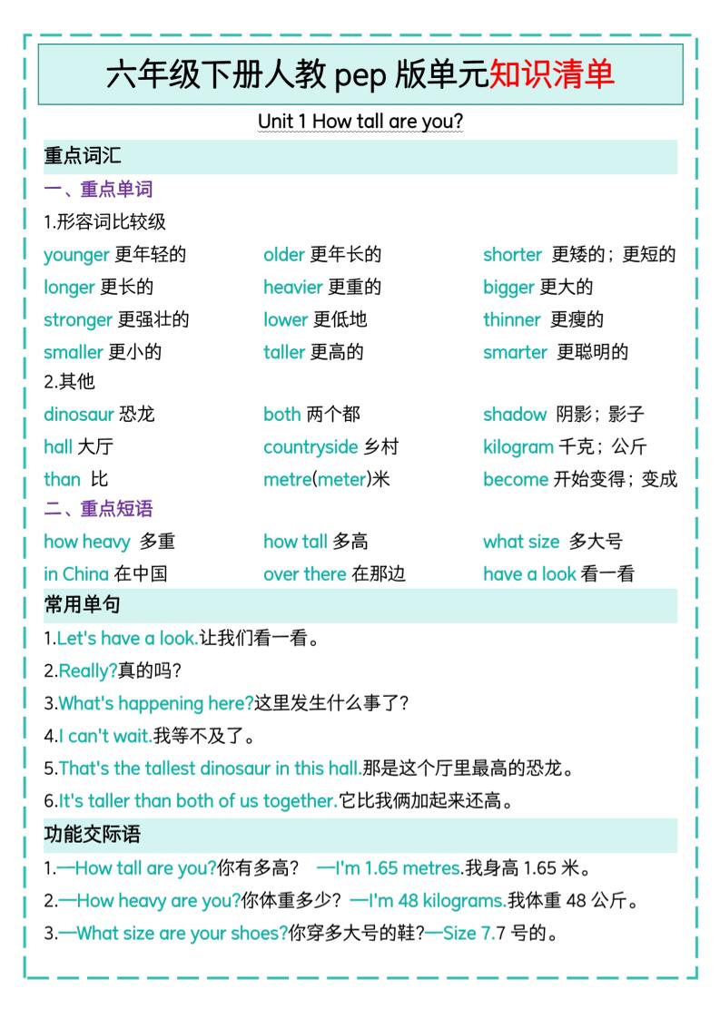 六下英语人教pep版单元知识清单-伏羲SAAS