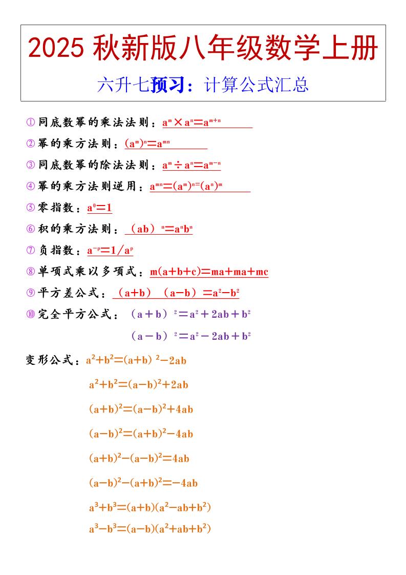 【2025秋新版】八年级上册数学计算公式汇总-伏羲SAAS