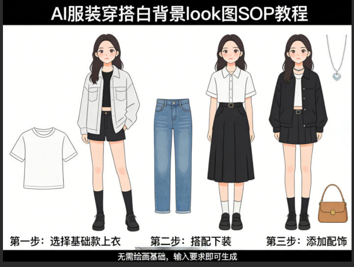 AI服装穿搭白背景look图SOP教程，不用会画画，提几句具体要求，AI就能还你一个奇迹-伏羲SAAS