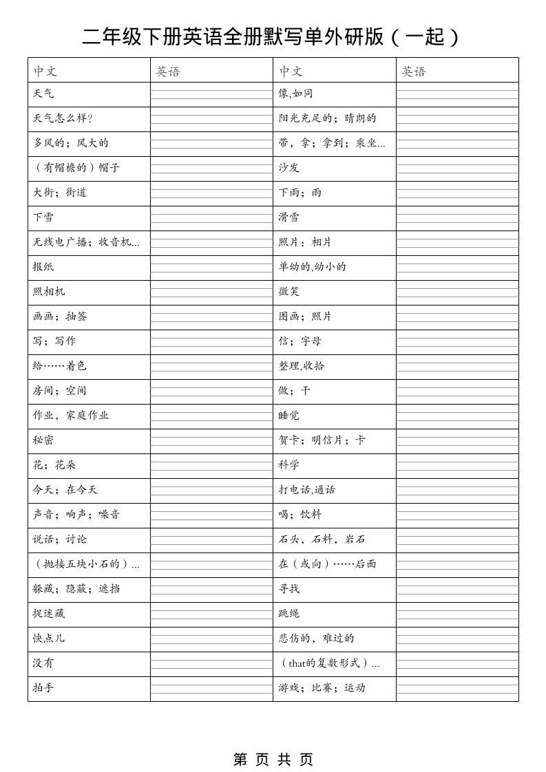 二年级下英语全册默写单（看中写英）《外研版（一起）》-伏羲SAAS