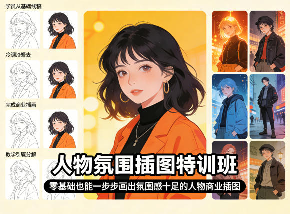 人物氛围插图特训班，零基础也能一步步画出氛围感十足的人物商业插图-伏羲SAAS