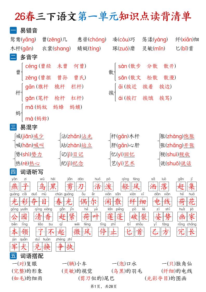 26新三年级下语文1-8单元知识点读背清单（28页）-伏羲SAAS