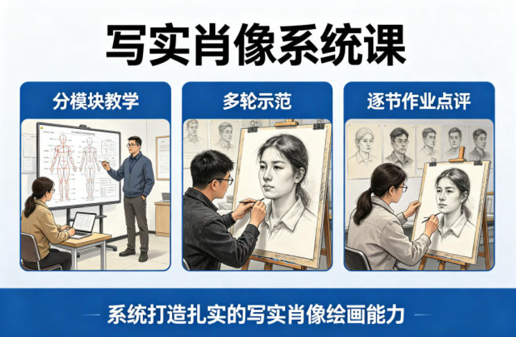 写实肖像系统课,全程分模块教学+多轮示范+逐节作业点评,系统打造扎实的写实肖像绘画能力-伏羲SAAS