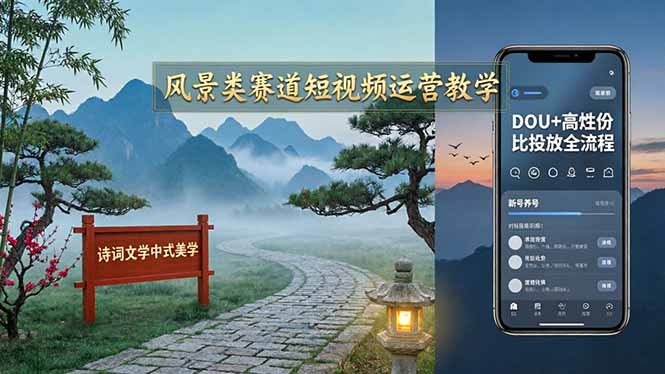 风景类赛道短视频运营教学：诗词文学中式美学，新号养号对标账号定位，DOU+高性价比投放全流程-伏羲SAAS