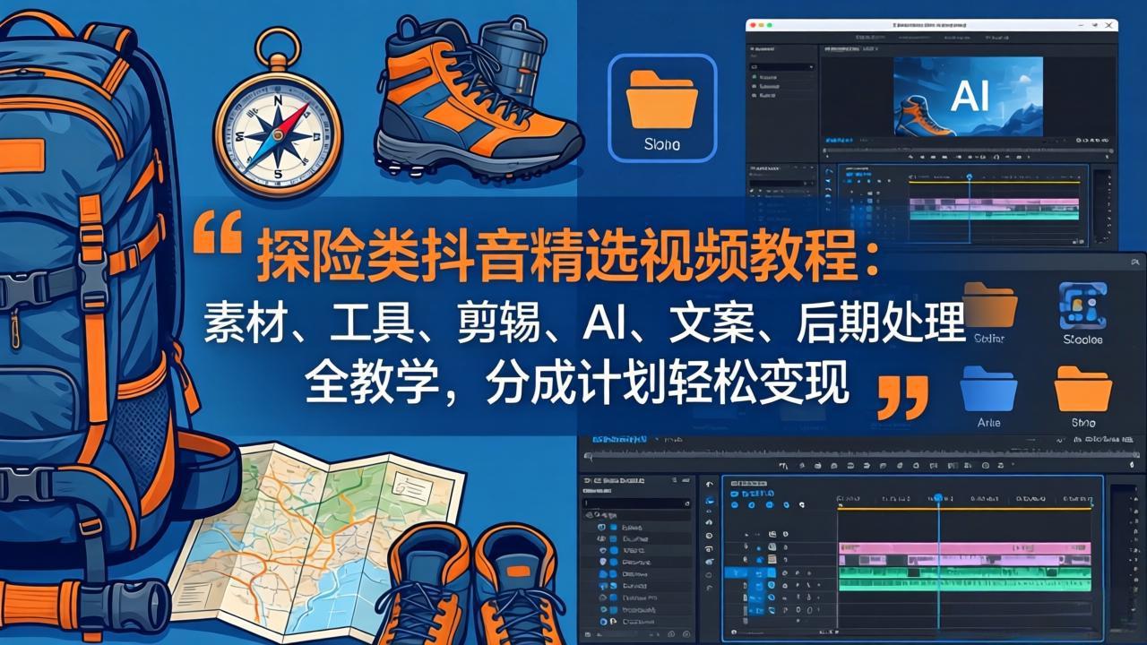 探险类抖音精选视频教程：素材、工具、剪辑、AI、文案、后期处理全教学，分成计划轻松变现-伏羲SAAS