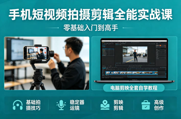 手机短视频拍摄剪辑全能实战课:零基础入门到高手,稳定器运镜+电脑剪映全套自学教程-伏羲SAAS