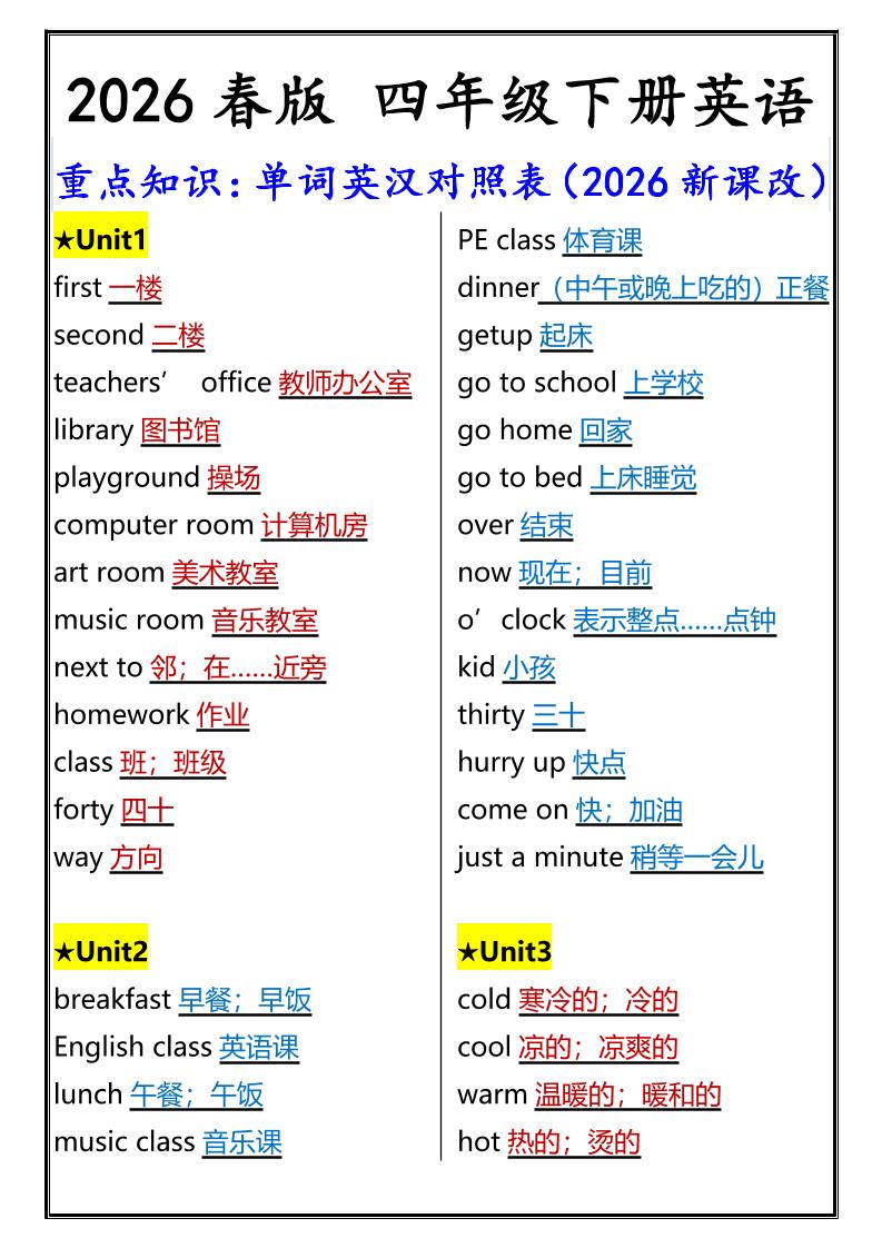2026春新版四年级下英语重点知识：单词英汉对照表《人教版PEP》-伏羲SAAS