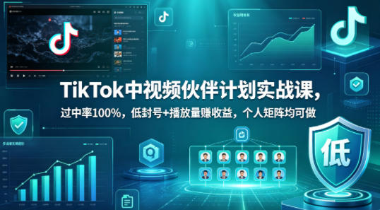 TikTok中视频伙伴计划实战课，过中率100%，低封号+播放量賺收益，个人矩阵均可做-伏羲SAAS