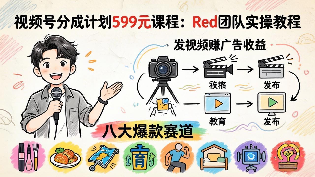 视频号分成计划599元课程：Red团队实操教程，发视频赚广告收益，八大爆款赛道全掌握-伏羲SAAS
